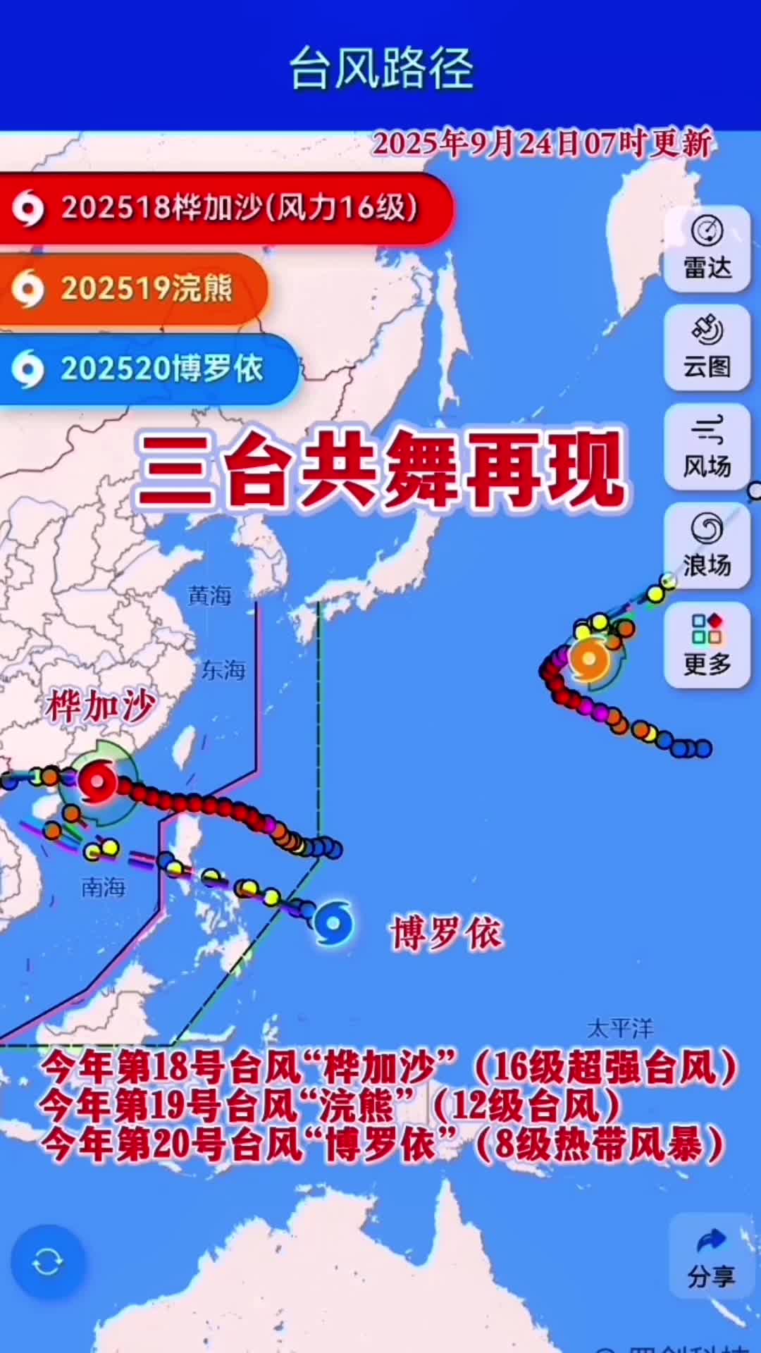 2025年9月23日台风预报时隔五天再次出现3台共舞#18号台风桦加沙#19号台风浣熊#20号台风博罗依-2345少年版，绿色安全的青少年上网导航